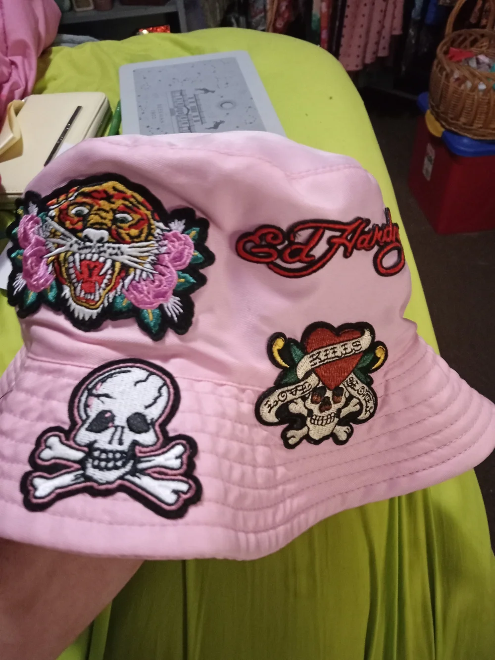 Ed Hardy Pink Bucket Hat with Skull & Heart Patches